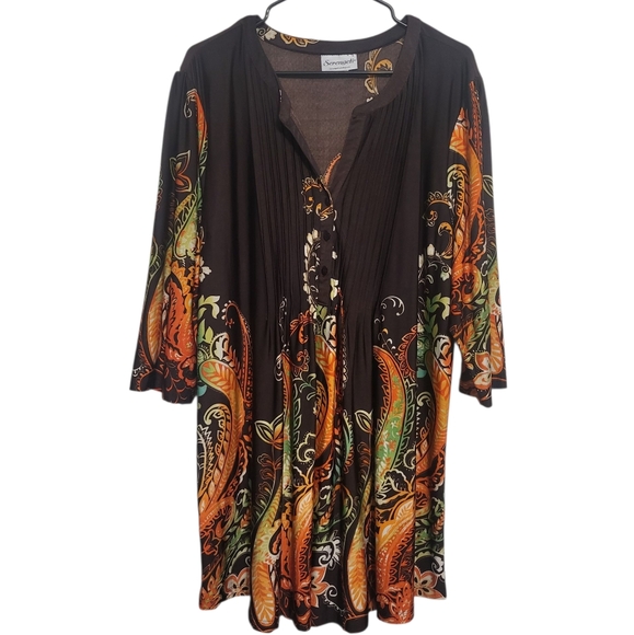 Serengeti Brown Vibrant Orange Green Paisley Print Womens Tunic Blouse, 1X - Picture 1 of 10